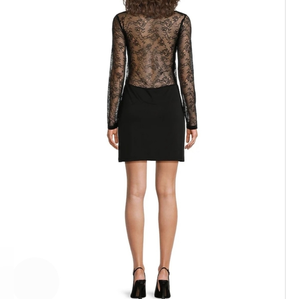Chelsea & Violet Mini Dress L Black Lace Sheer Adams Bodycon Long Sleeve New$150